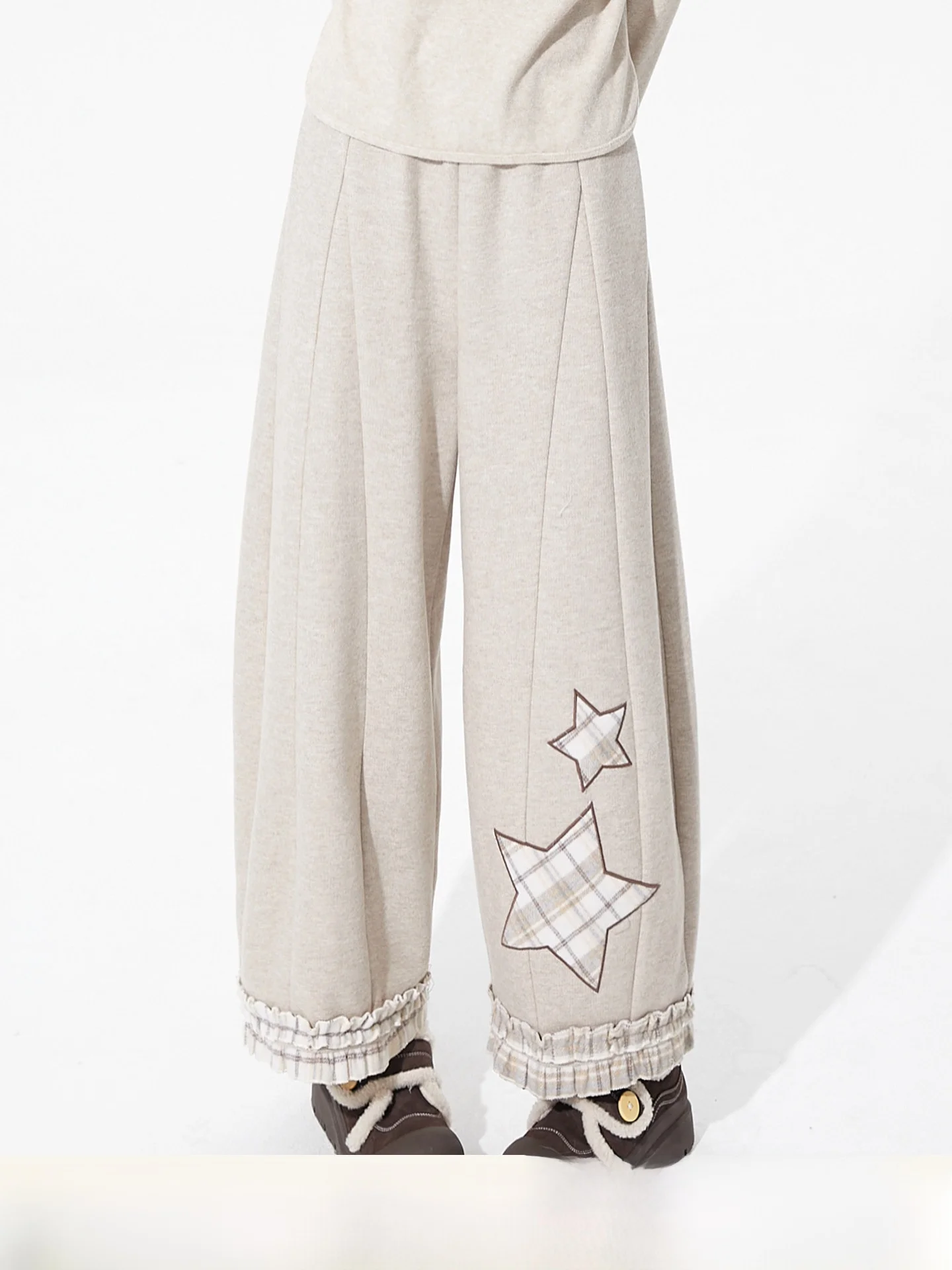 

Original Design Loose Fit Woolen Lantern Pants Embroidered Patchwork High Waist Elastic Polyester Fiber Winter Casual Trousers