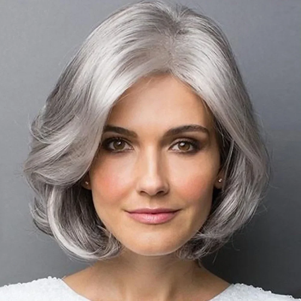 

Synthetic Wigs Gradient Silver Gray Short Curly Fluffy Bobo Wig Women Simulation Cosplay Full Head Cover