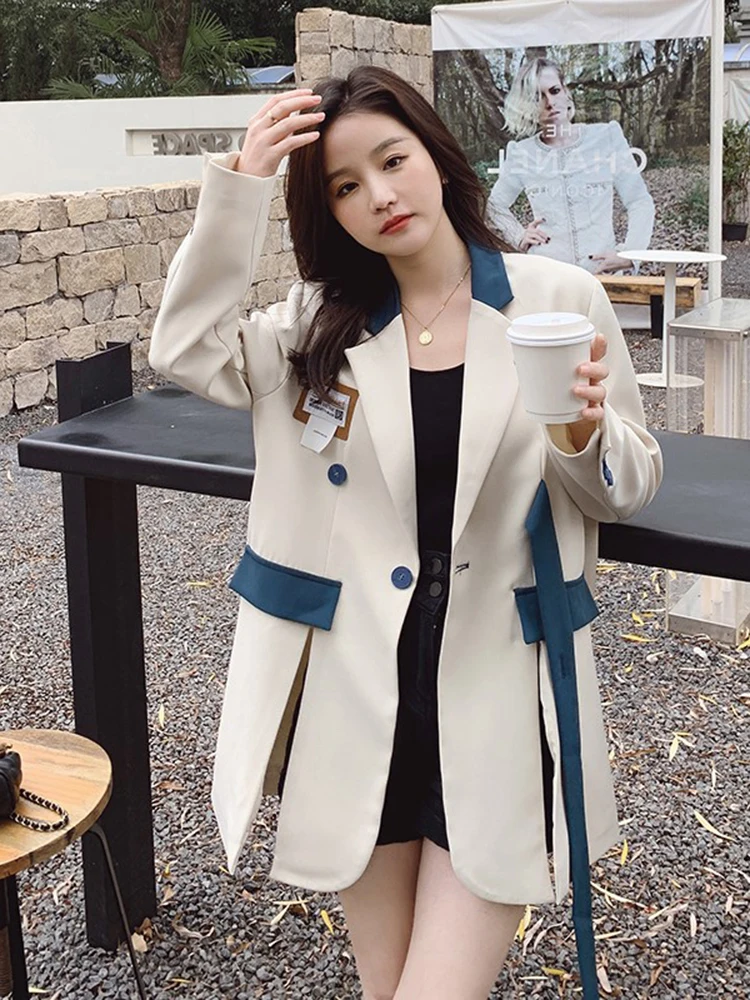 LANMREM Color Block Patchwork Blazer Notched Collar Long Sleeve Loose Asymmetrical Casual Coat Fashion Female 2024 Spring 2N691