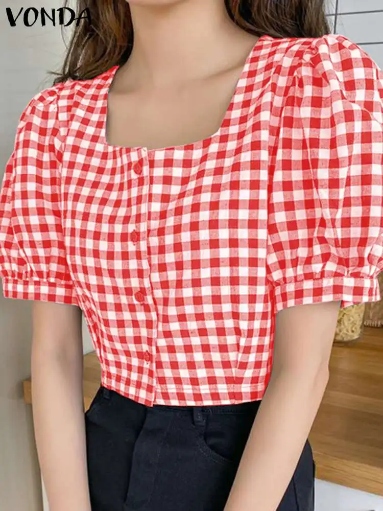 VONDA Fashion Plaid Blouse Women Shirts 2024 Casual Loose Short Sleeve Buttons Summer Tops Short Puff Sleeve Blusas Femininas