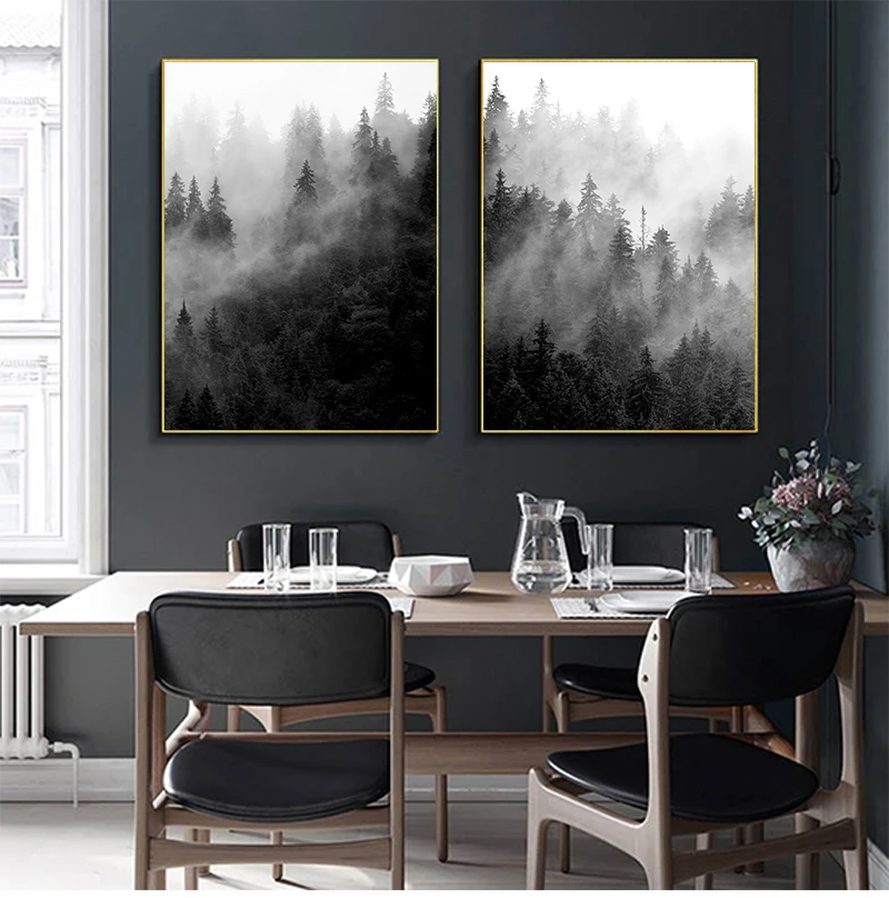 Nature Prints Forest Wall Art Black and White Tree Posters Foggy Forest Landscape Canvas Painting Wall Picture Living Room Decor