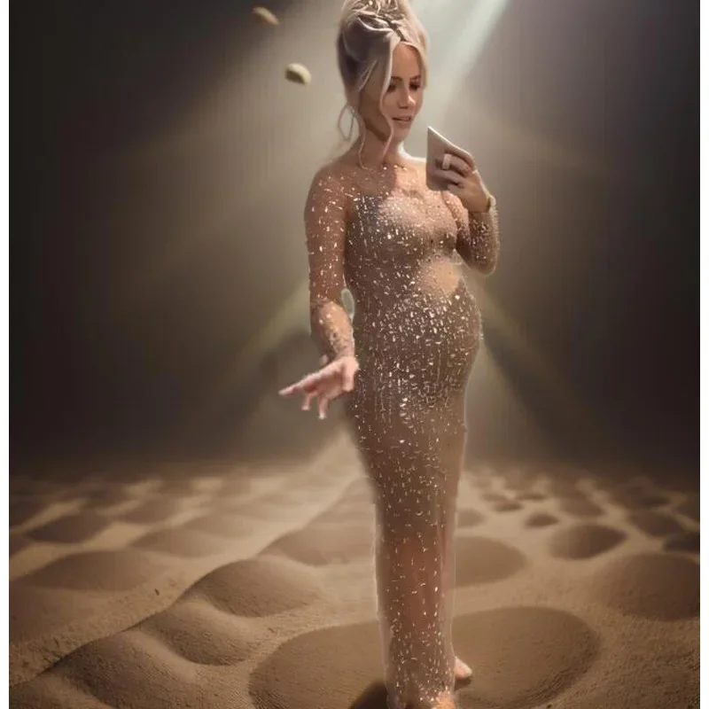 Maternity Photoshoot Dress Sexy Women's Sheer Mesh Rhinestone Coverup Long Sleeve Beach Pregnancy Gown for Photography