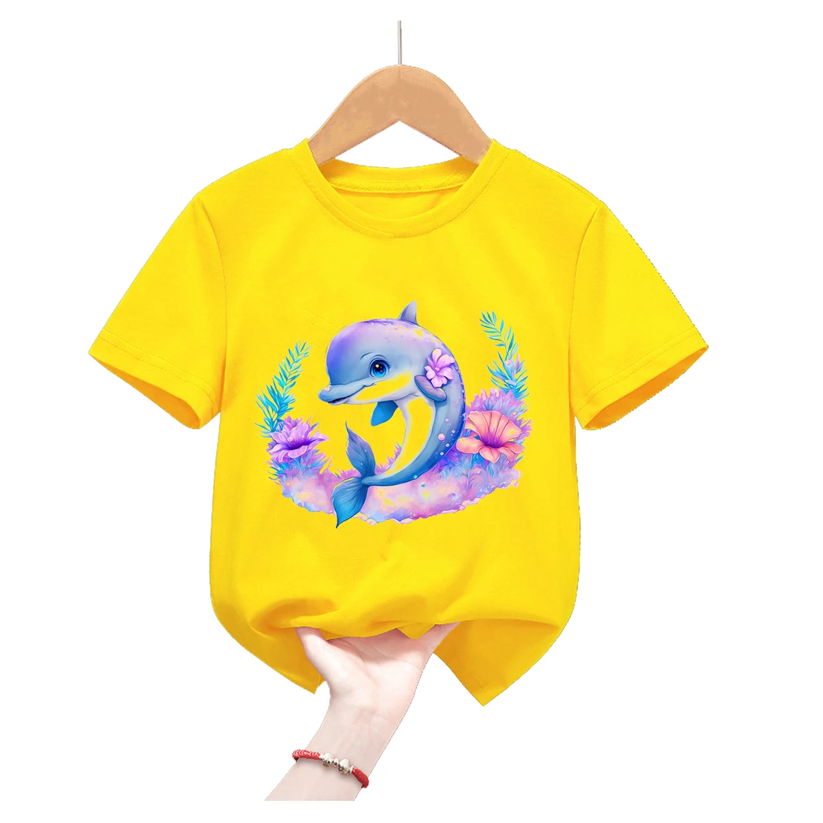 Starry Sky Whale Animal Print Yellow T Shirt Girls/Boys Kawaii Dolphin Tshirt Kids Clothes Casual T-Shirt Children'S Clothing