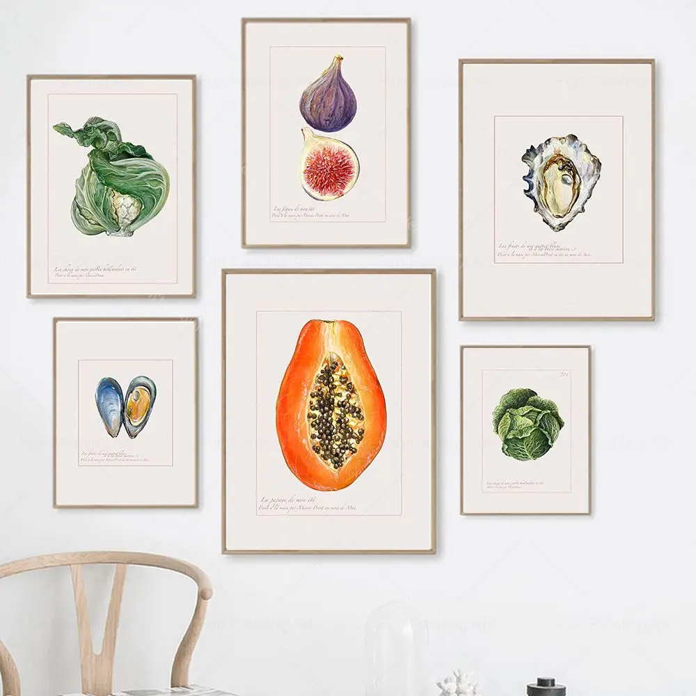 Kitchen Wall Art Posters Fig Papaya Oyster Cabbage Canvas Painting Vintage Fruit Vegetable Prints Picture Dining Room Home Decor