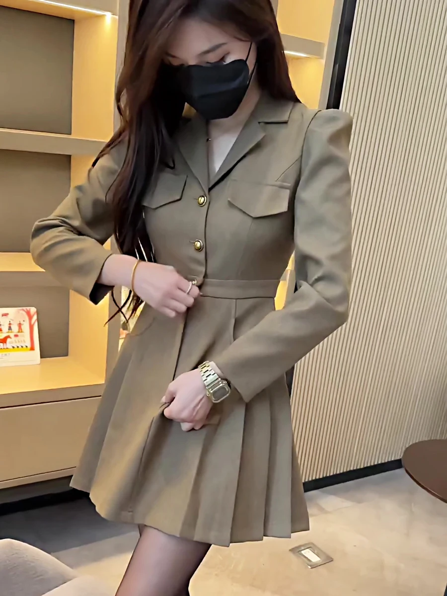 

Женское платье-костюм для весны и осени с завышенной талией, корейский стиль, приталенное, с длинным рукавом, А-силуэт, для женщин