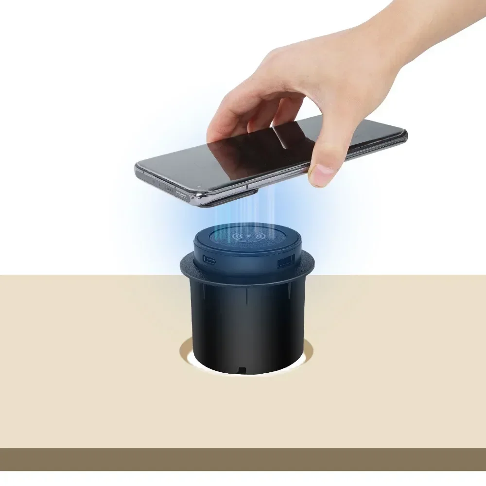 Desktop embedded wireless charger supports PD18W and USB wired charging 5V1A Furniture Opening 60MM Desk Hole HUB