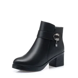 2025 Winter Women Leather Boots Thick Wool Warm Women High-heeled Shoes High Quality Female Snow Boots Fashion Women Ankle Boots