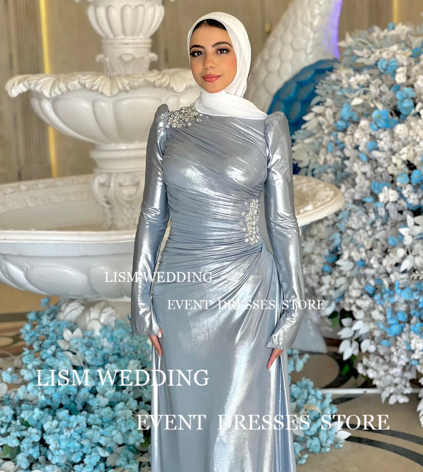 LISM Graceful Muslim Sparkly Shiny A Line Evening Dresses With Hijab Arabric Dubai Sequined Long Sleeves For Women Prom Gowns