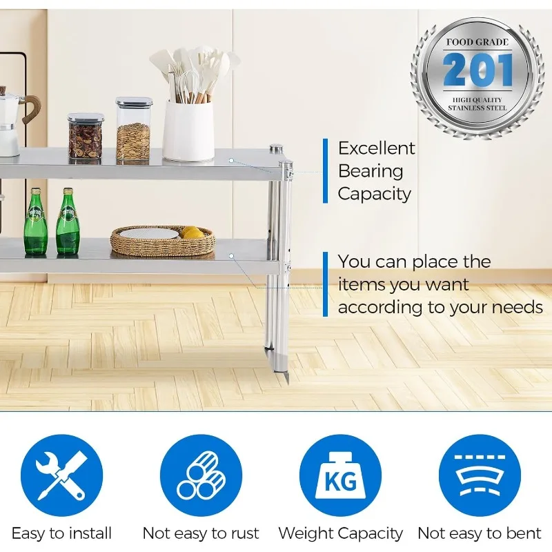 Stainless Steel Shelf 2 Tier Stainless Overshelf for Kitchen Prep Work Table 12 x 48 Inches Adjustable Commercial Steel Table