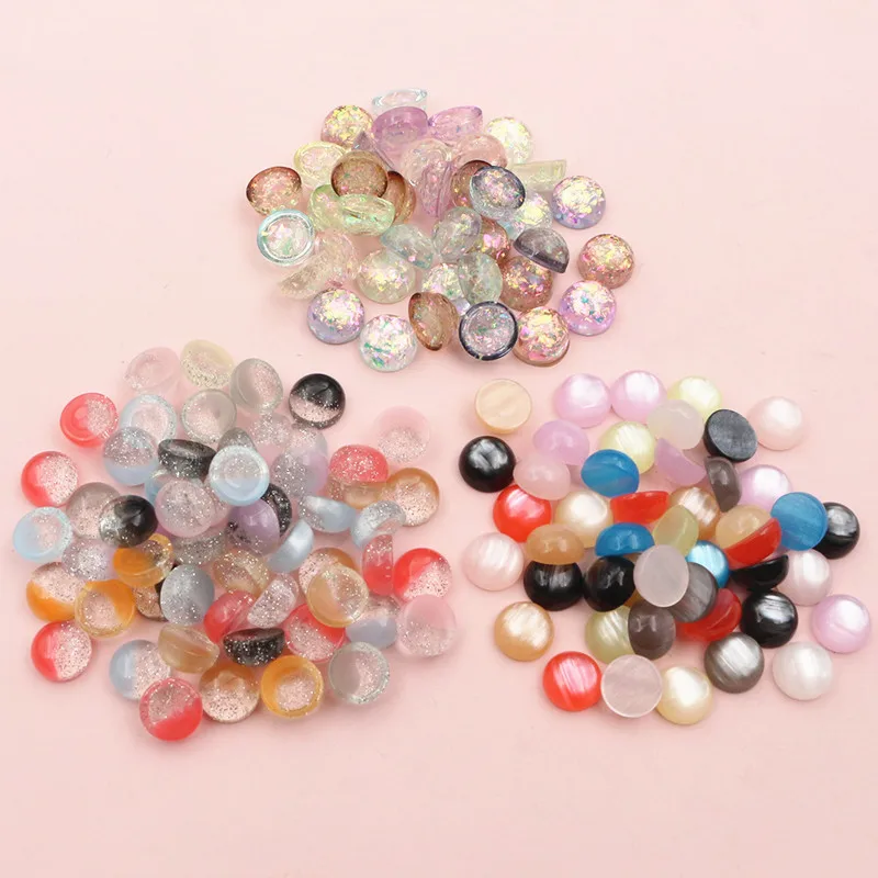 50pcs 8mm Round Random Mix Colors Built-in Shell Flat Back Resin Cabochons Cameo DIY Jewelry Making Accessories Findings