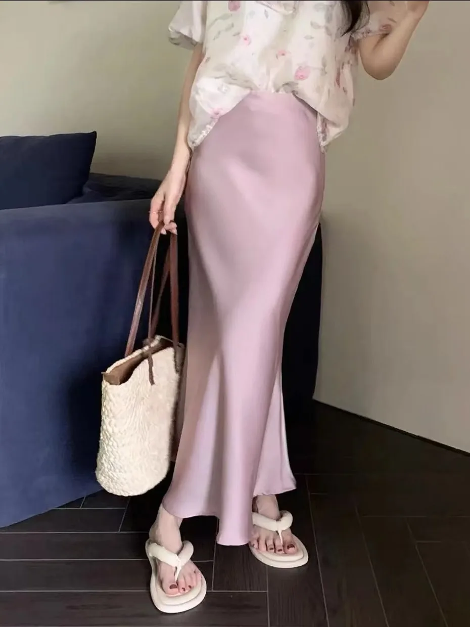 

Ele Drapey, атласная длинная юбка f, женская летняя юбка больших размеров с высокой талией, утягивающая юбка с запахом на хвосте, повседневная юбка для поездок на работу