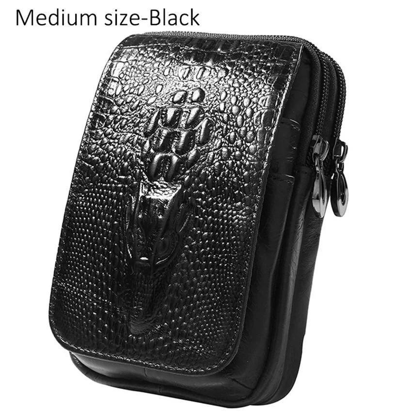 Retro Men\'s Cowhide Leather Waist Bag Crocodile Pattern Belt Bag  Cellphone Bag Leisure Bum Bag Fanny Pack