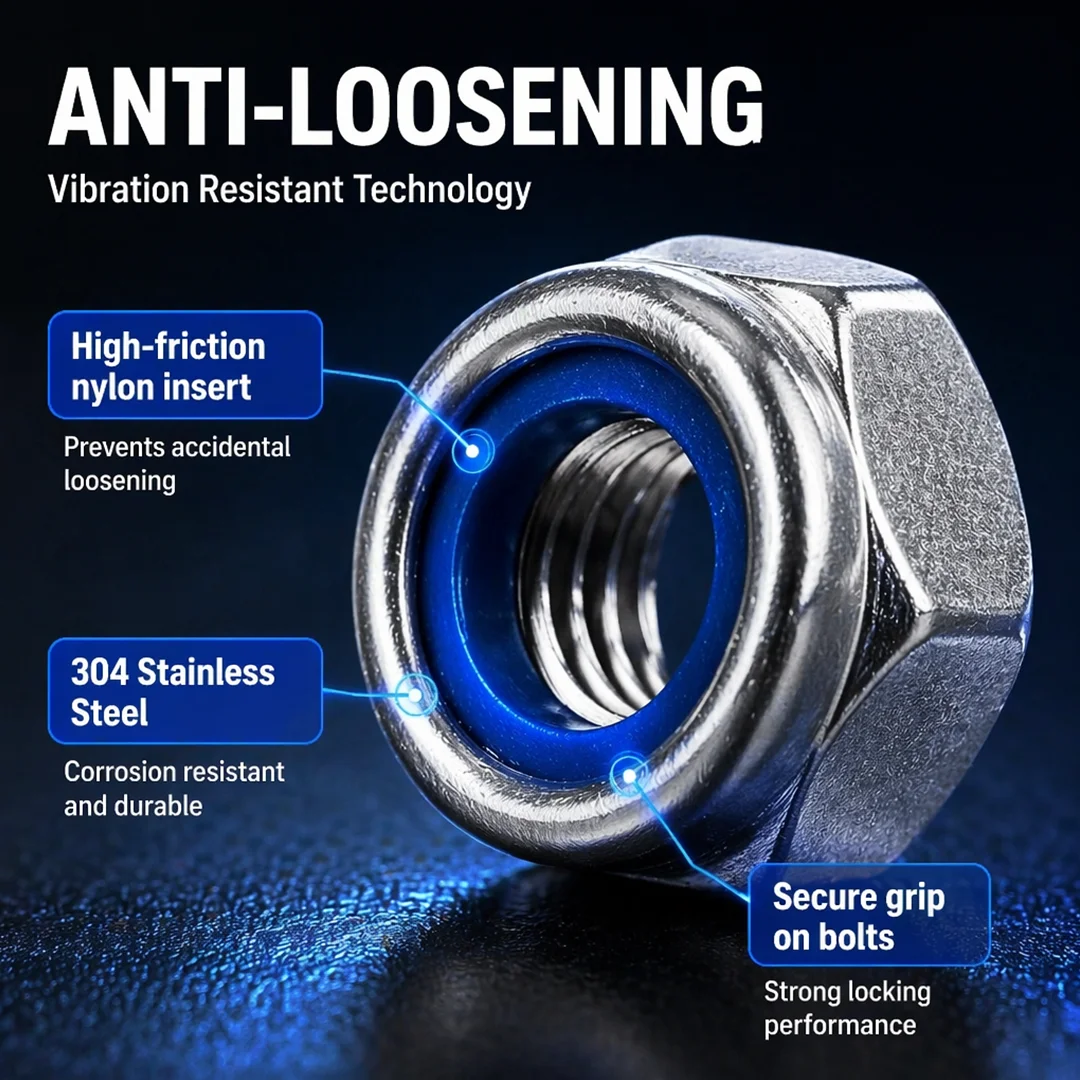304 Stainless Steel Hex Nylon Lock Nuts M2 M2.5 M3 M4 M5 M6 M8 M10 M12 M14 Hexagon Hex Self-locking Nylock Nut Locknuts.