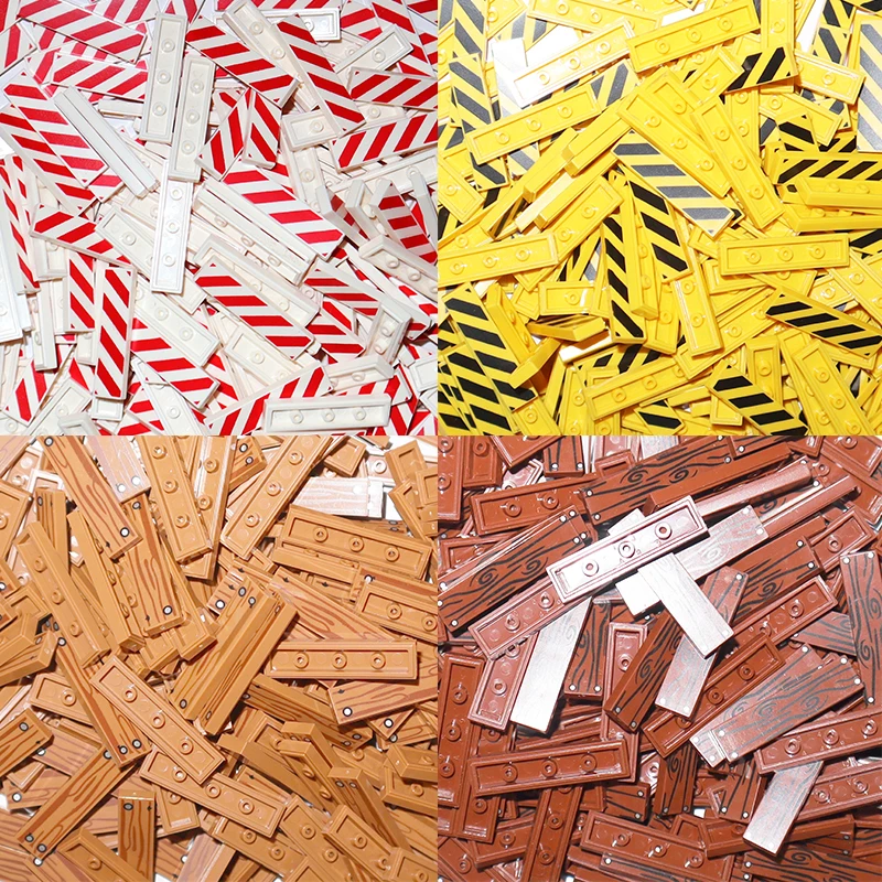 50PCS MOC Tile Smooth Printed 1x4 Size 1*4 Assemble Particles 2431 Wood Grain Pattern Traffic Warning Bricks DIY Toy for Kids