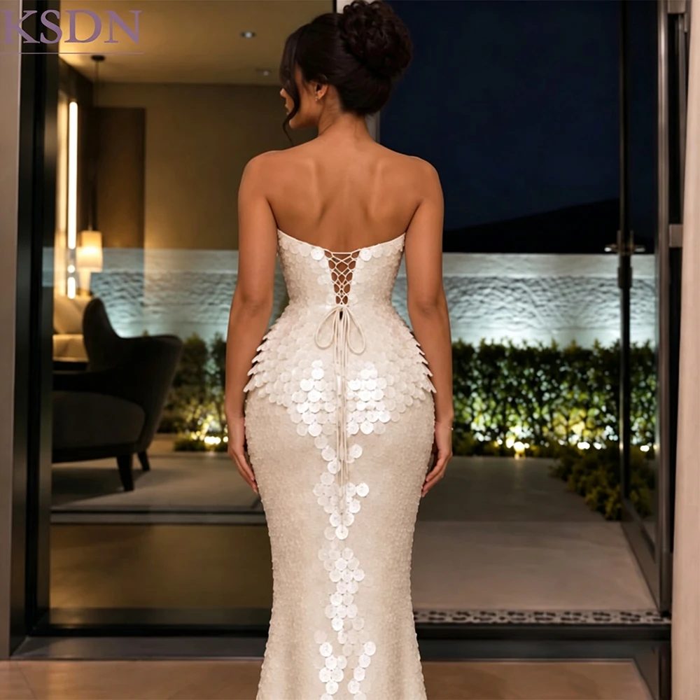 Women Strapless 3D Petal Sequin Mermaid Evening Gown Corset Lace Up Back Floor Length Formal Dress Customized Elegant Maxi Dress