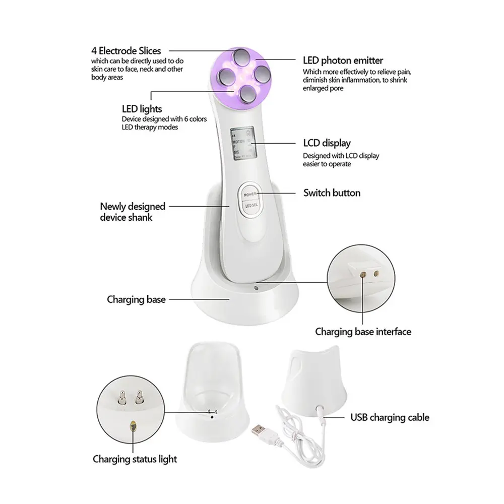 LED تدليك الوجه الوجه الميزوثيرابي 5 في 1 LED الفوتون العلاج جهاز مكافحة الشيخوخة التجاعيد الرؤوس السوداء حب الشباب تقليل أدوات العناية بالبشرة