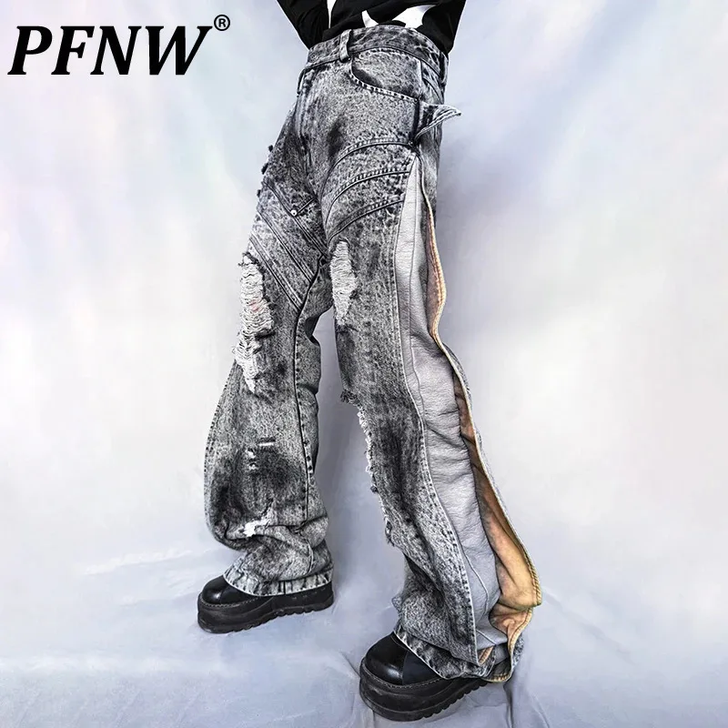 PFNW Destroy Hole Deconstruct Spliced Design Jeans Male High Street Worn-out Washed Straight Trousers Autumn Chic New 28W4061