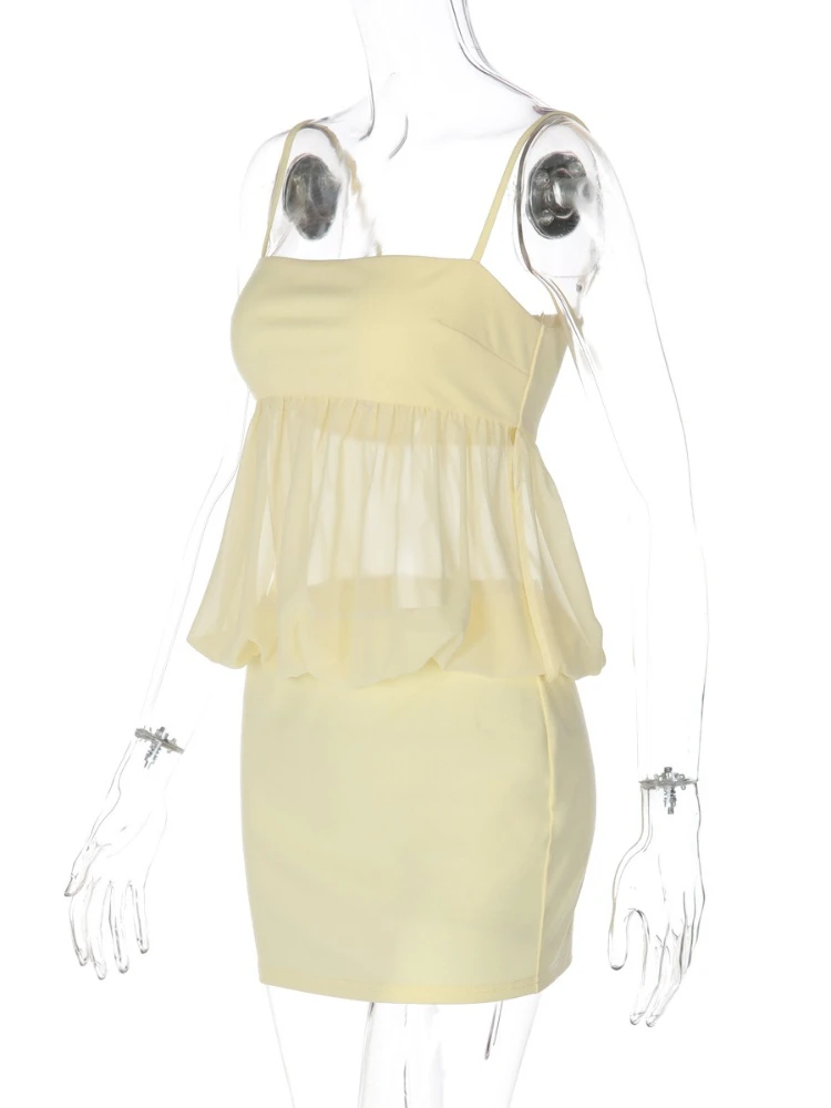 SsTss المرأة الحلو الأصفر بروتيل فستان جديد الصيف موضة بلا أكمام بقماش شفاف المرقعة الجوف خارج سليم فستان بكتافة صغيرة
