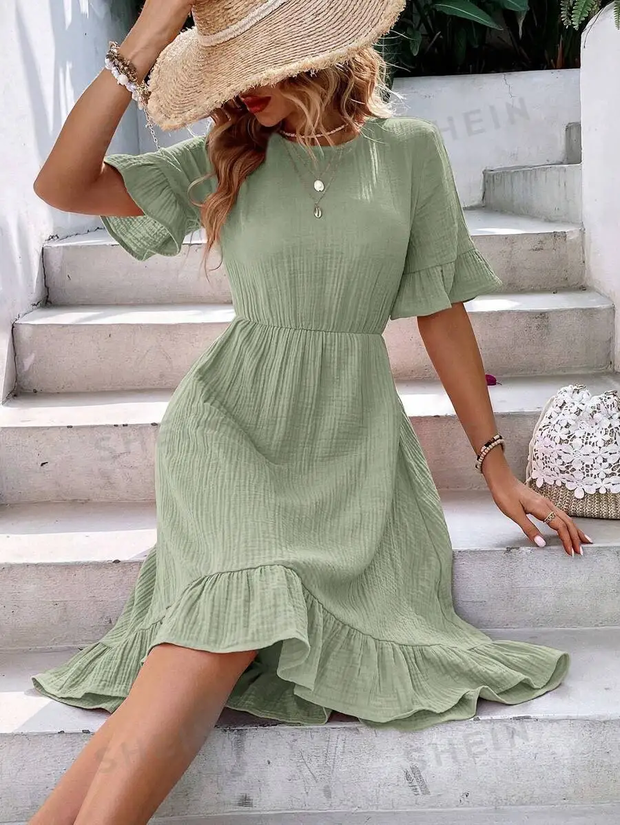 20244 Spring/Summer Wish AliExpress Cross border European and American New Women\'s Fashion Casual Lace up Short sleeved Dress fo