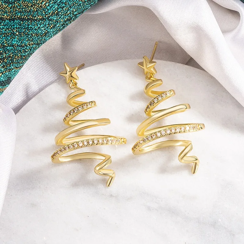 Kreative goldene Linien-Weihnachtsbaum-Ohrhänger für Damen, modische Stern-Ohrringe, Accessoires, Schmuck, Mädchen-Geschenke, Party, Freizeitkleidung – Detail 15