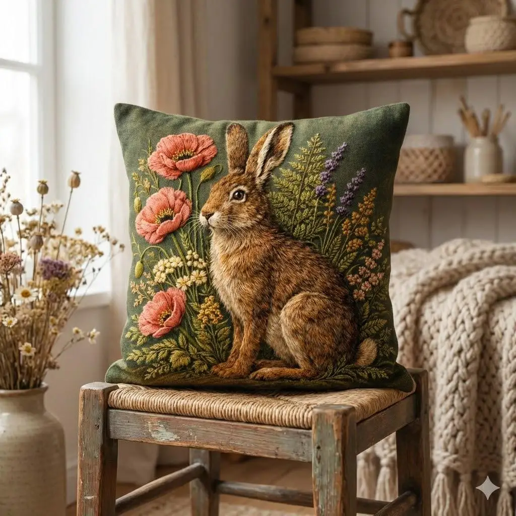 Vintage Hare Pillow, Floral Print, Cottagecore Woodland Decor