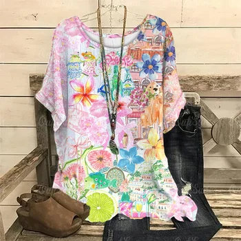 여성용 O넥 티셔츠, 캐주얼 풀오버, 루즈 반팔, 오버사이즈 티셔츠, 여성 의류 S-4xl, 달콤한 스타일, 2024 여름 신상