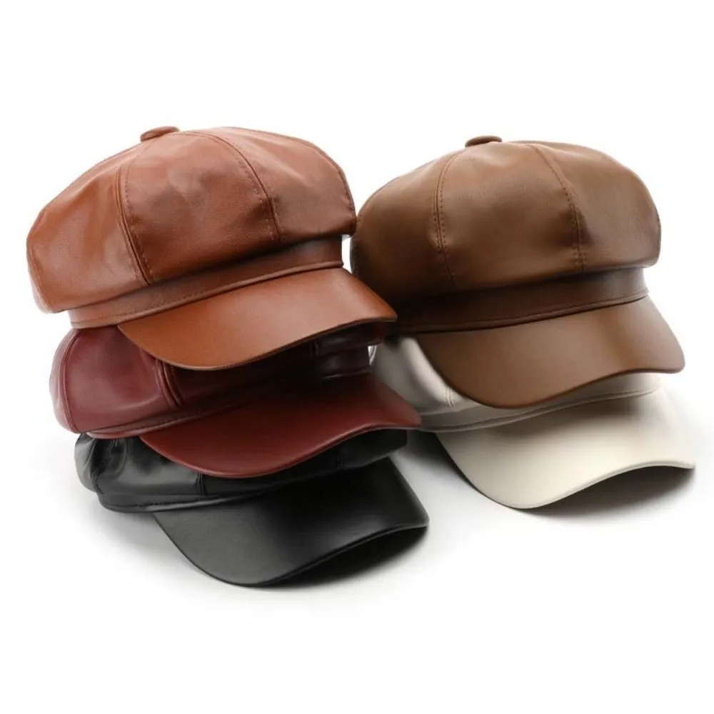 JK Solid Color Vintage PU Beret Cap British Retro Black Octagonal hat Keep Warm Versatile Korean Leather Painter Hat for Woman