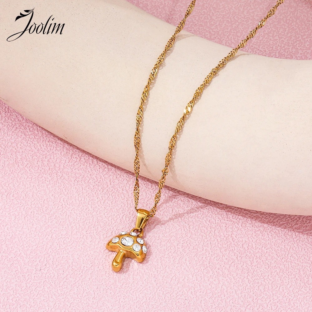 Joolim Jewelry Wholesale No Fade Fashion Cute Mushroom Umbrella Zirconia Pendant Waved Chain Stainless Steel Necklace for Women