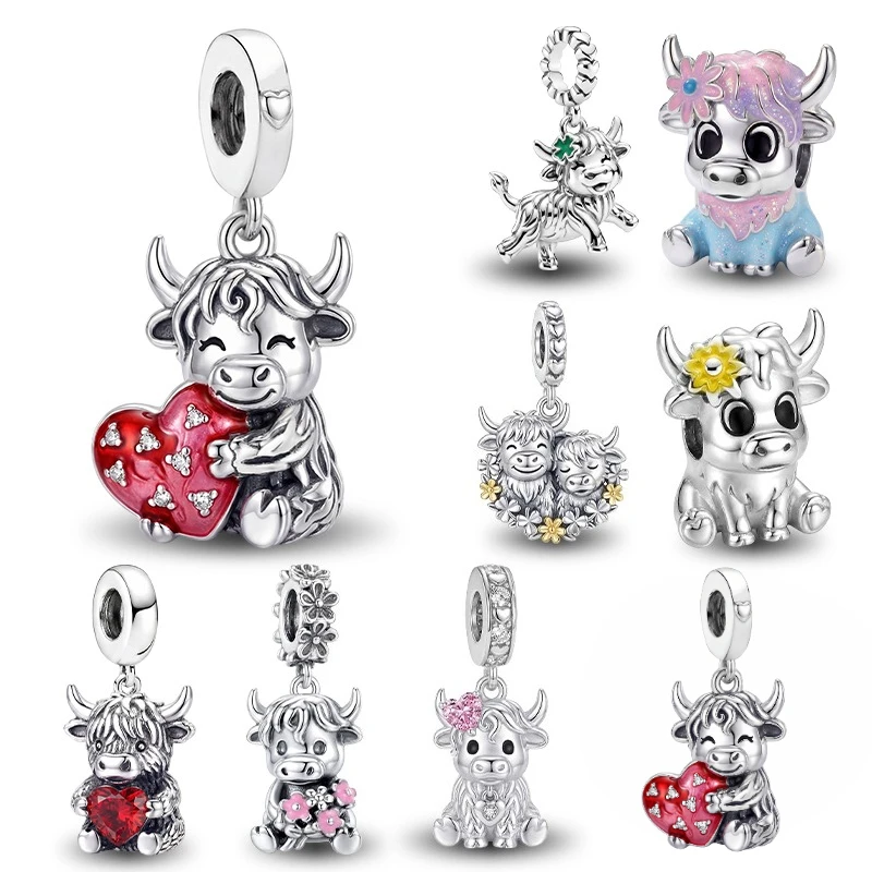 925 Sterling Silver Sweet Love Heart Highland Cattle Charms Beads DIY Made Into Bracelets High Quality Jewelry Gift For Womens