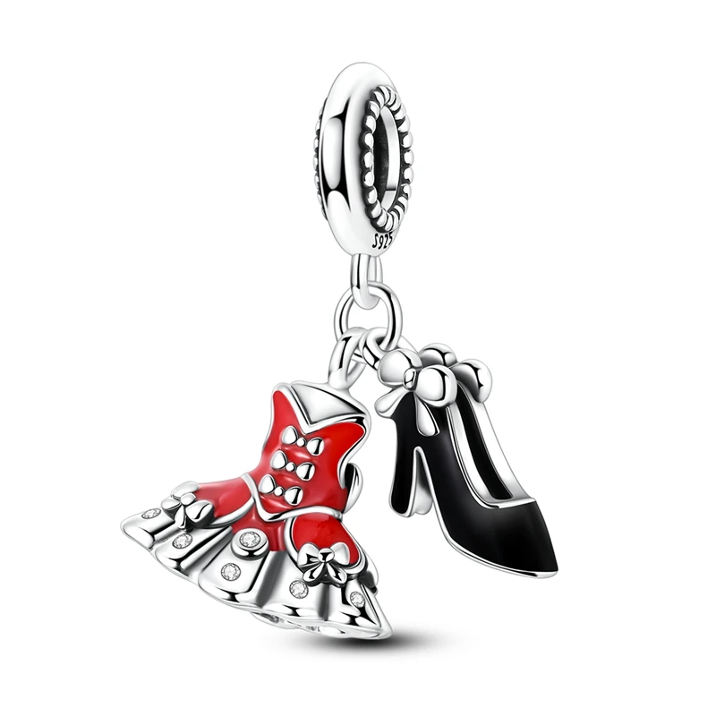 

925 Sterling Silver High Heel Charms Bead Red Evening Dress Dangle Fit Original Bracelet DIY Women Jewelry Gift
