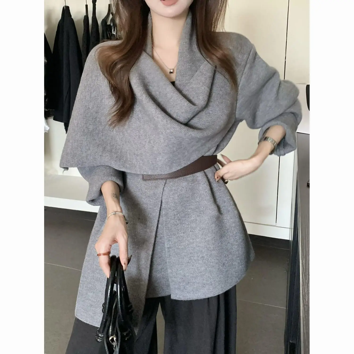 Versatile Knitted Cardigan Korean Relaxed Atmosphere Scarf Collar Sweater Femininity Lazy Style Autumn and Winter Coat