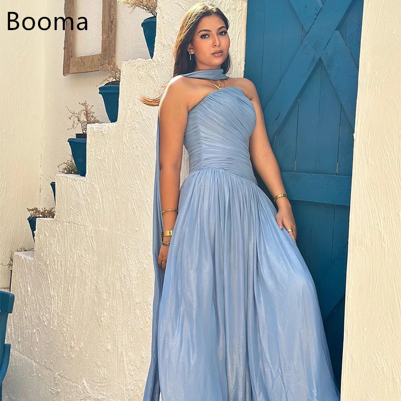 

Booma A-Line Shiny Mermaid Pleat Blue Evening Dresses Formal Party Gowns for Women Sleeveless Elegant Prom Gown Customize 2025