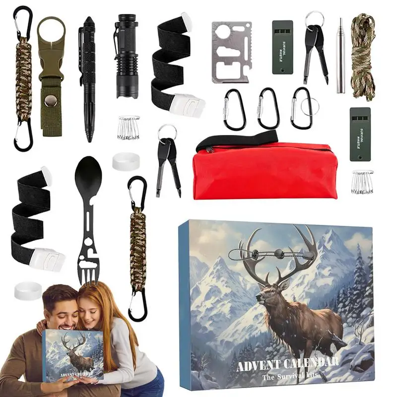 24 Days xmas Advent Countdown Calendar Outdoor Survival Gear Gadgets Christmas Survival Kit for Camping Fishing Hunting