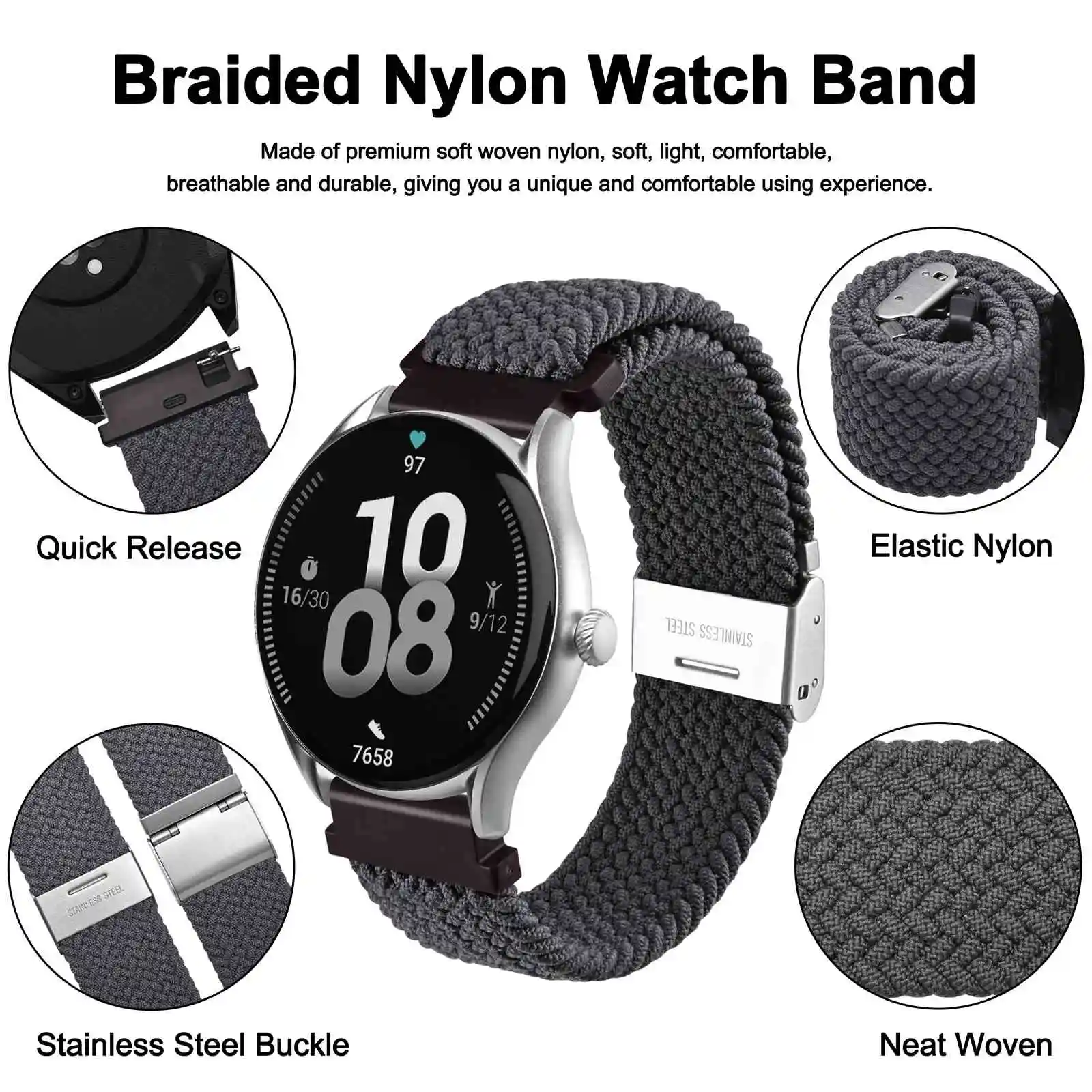 Wocci Woven Nylon Watch Band 18mm 19mm 20mm 21mm 22mm Quick Release Watchstrap Washable Bracelet for Men and Women