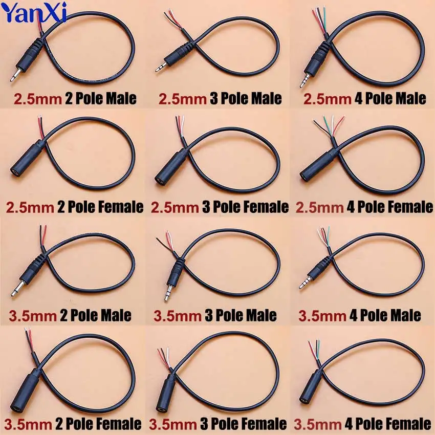 1pcs 2.5mm 3.5mm Mono Stereo Audio Cable Male Female Plug Jack Connector 2/3/4Pin Extension Wire DIY Earphone Mic Repair Cord