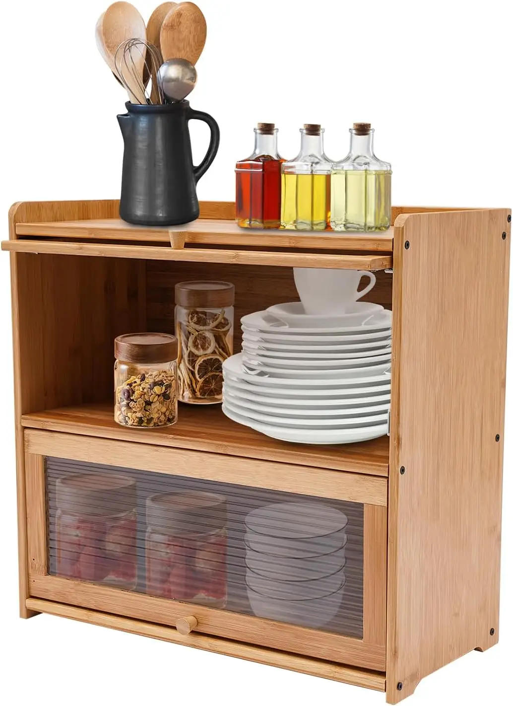 2 Tier Bamboo Countertop Pantry, Kitchen Countertop Flatware Storage Cabinet with 2 Sliding Striped Clear Door Stoppers