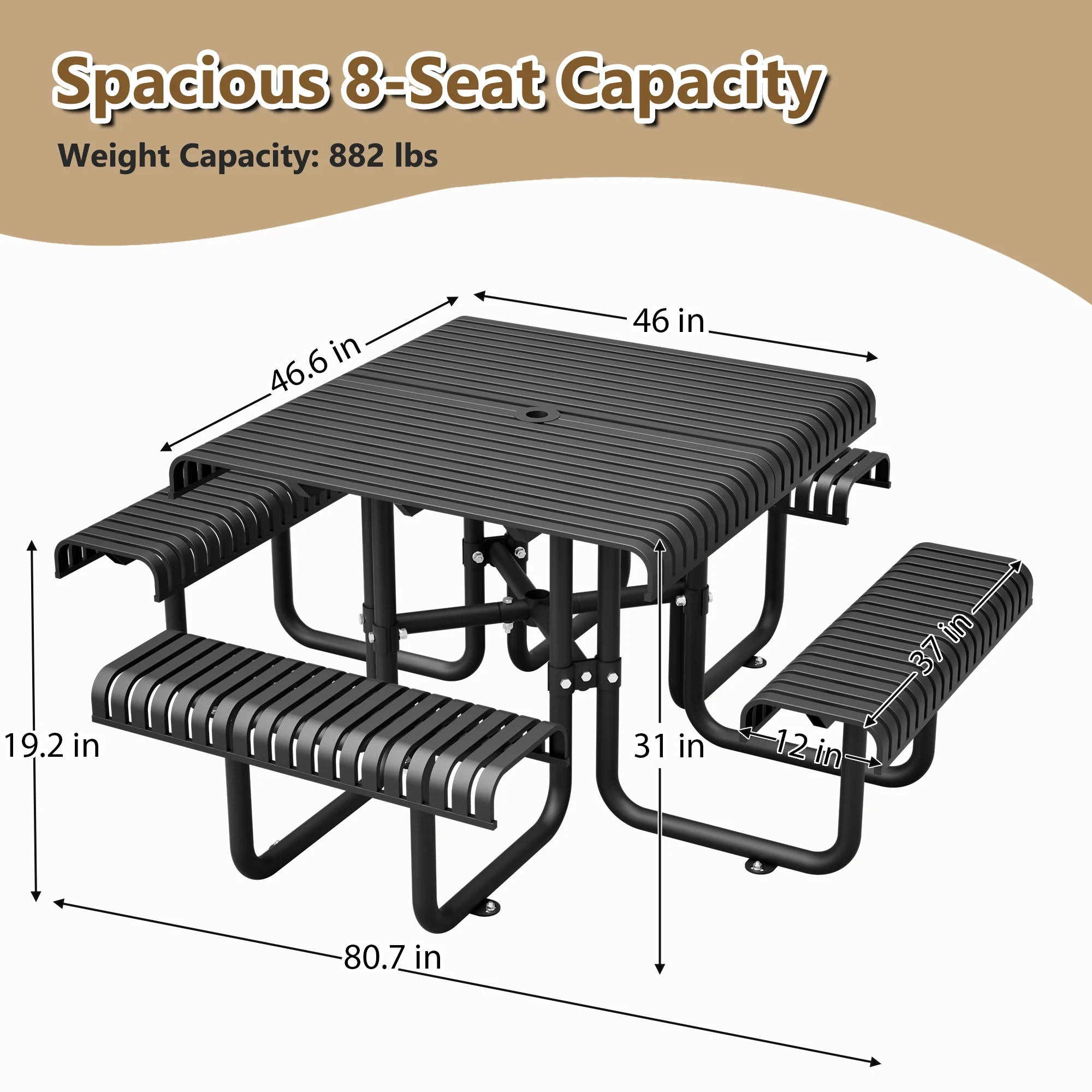 Heavy Duty Metal Picnic Table Bench 80.7x80.7x31in Outdoor Dining Umbrella Hole Rustproof Steel Top 882LBS Capacity Seats 4-8 Available in Black, Brown, Blue