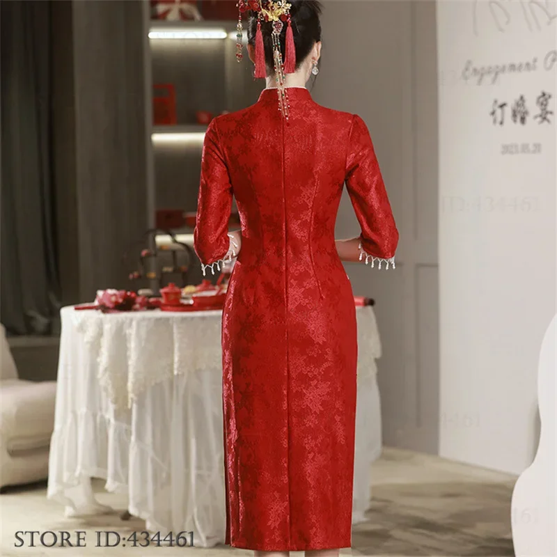 Vestido Qipao tradicional de talla grande 3XL 4XL, vestido de novia chino de encaje burdeos Sexy, Vestidos Cheongsam ajustados clásicos