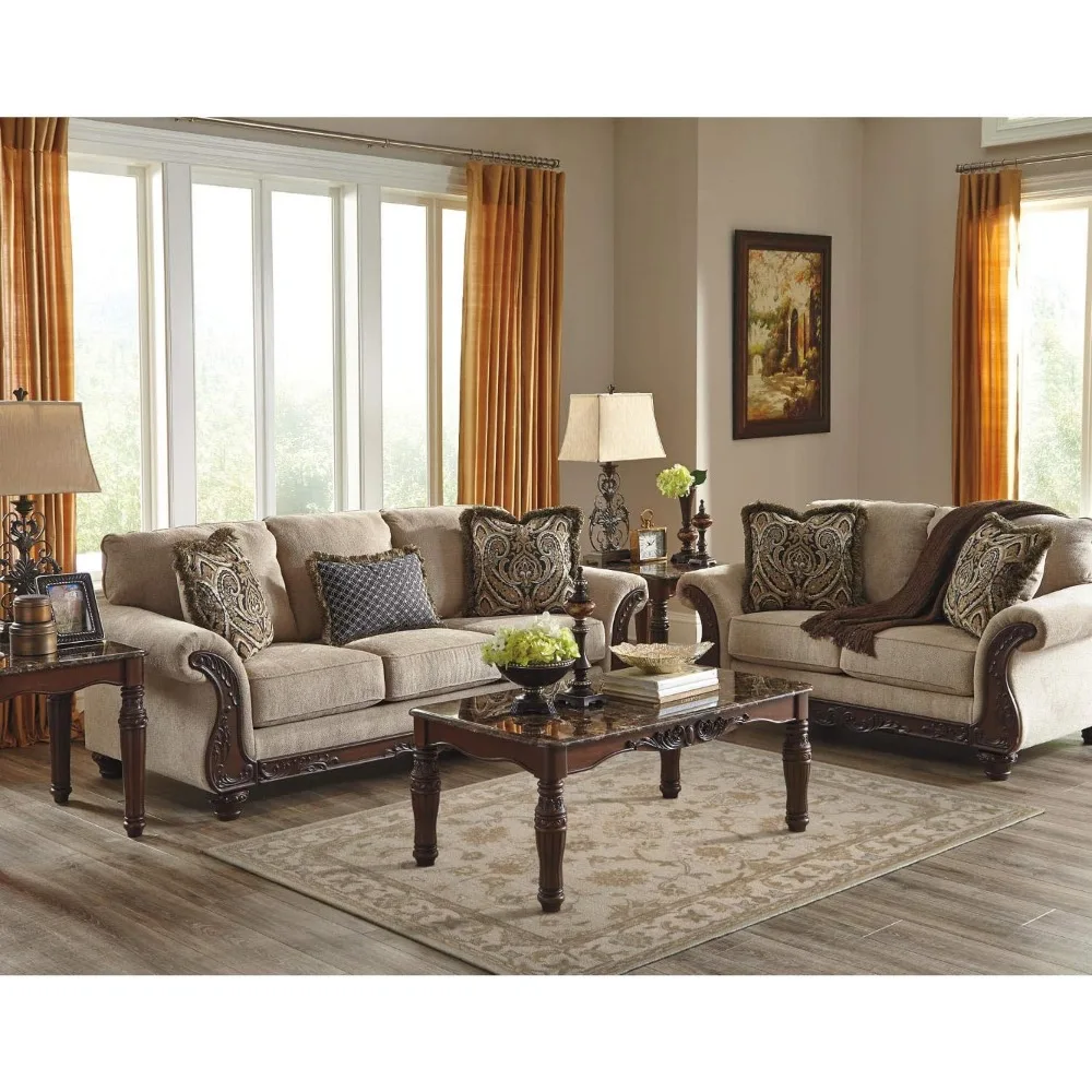 North Shore Traditional Faux Marble 3-Piece Table Set, Includes Coffee Table and 2 End Tables, Dark Brown