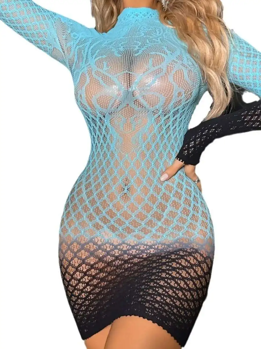 Kleurverloop dames sexy hoge elasticiteit plus size sexy jurk, hip knuffelen mesh jurk elegante mesh kant pure jurk L676