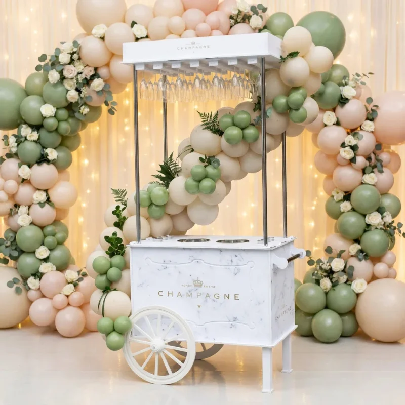 

Customize.White PVC Event Display Bar Dessert & Candy Wedding Decoration with Champagne Cart Wheels
