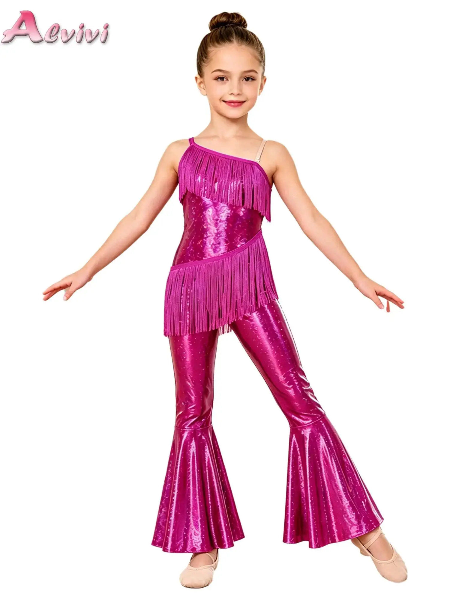 Kids Girls Tassels Metallic Jumpsuit One Shoulder Side Zipper Bell-bottom Shiny Bodysuit for Disco Jazz Hip Hop Dance Parties