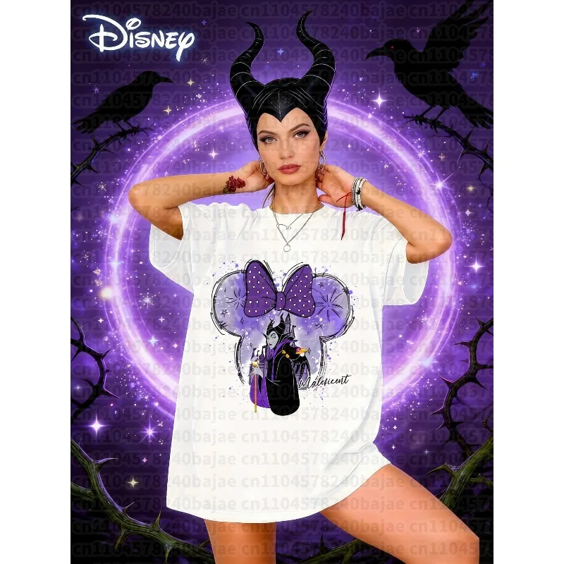 Camiseta de Algodón 100% con Estampado de Maleficent, Diseño de Bruja Negra, Verano 2025, Nueva, Talla Grande para Mujer, Estilo Casual, Holgada y Versátil