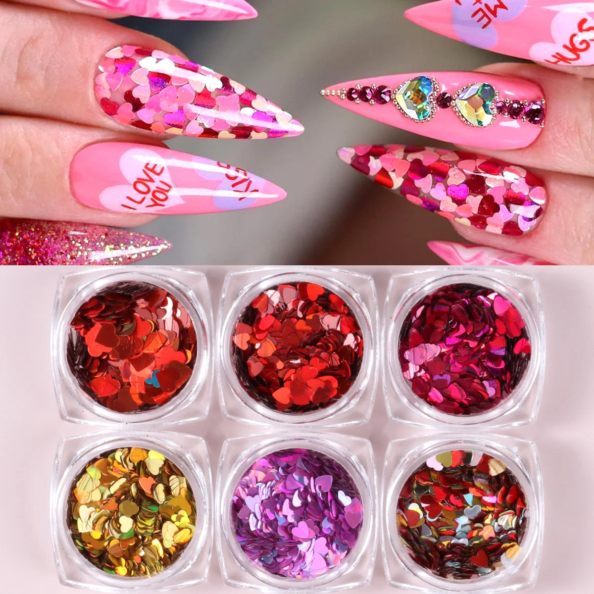 6pcs Valentine's Love Heart Nail Glitter Flakes Holographic Mirror Mixed Size Heart Jewelry Sequins Sweet Slices Manicure Decor