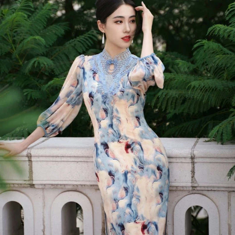 

Women Chinese Style Long Cheongsam Side Slitting Hem Bodycon Dress Half Sleeve Elegant Ladies Wedding Party Daily Party Dress