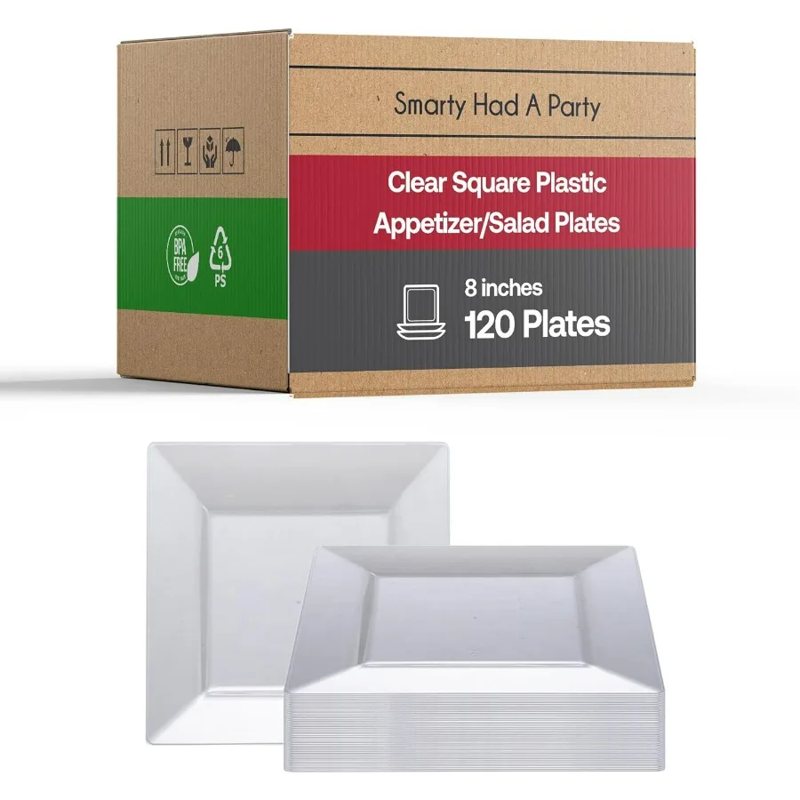 

120 одноразовых пластиковых десертных тарелок, 8 квадратных прозрачных салатных тарелок для закусок и буфетов, сверхпрочные оптовые принадлежности для частиц