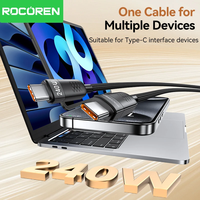 Rocoren 240W USB Type C Cable PD 3.1 QC 3.0 Fast Charging Type C Data Cord Wire For MacBook iPhone 16 Pro Max Samsung Xiaomi 14