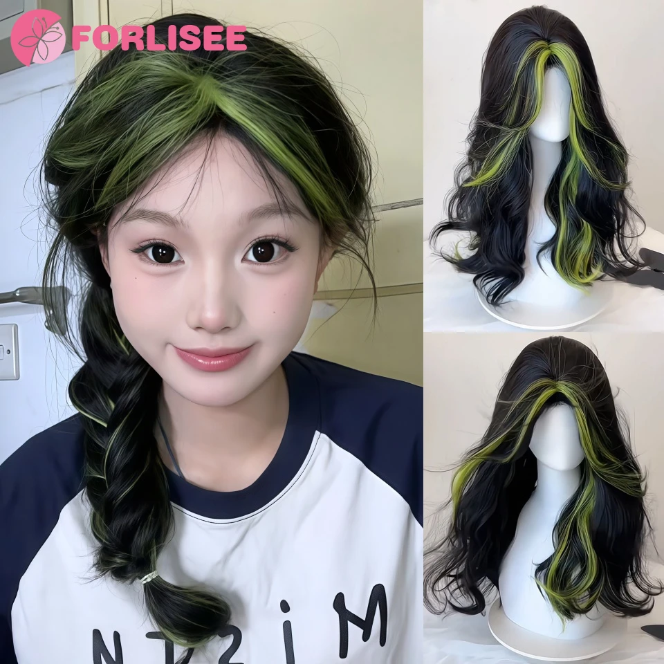 

FORLISEE Synthetic Cosplay Medium Long Wavy Highlight Green Wigs With Bangs Party Lolita Wig For Women Heat Resistant Fiber Hair