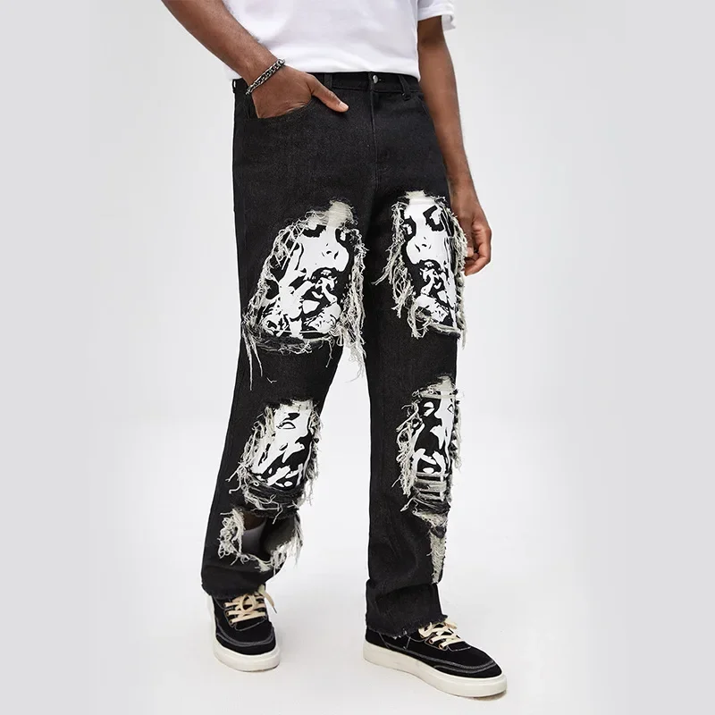 European and American New Style Digital Printed Skull Loose Straight-leg Whiskered Casual Trendy Brand Men's Large-size Jeans.