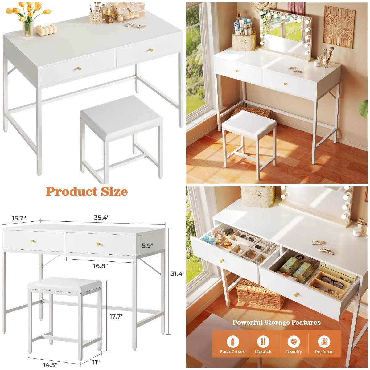 

35.4' White Desk with 2 Drawers, Modern Makeup Vanity & Padded Stool, Compact Home Office Desk